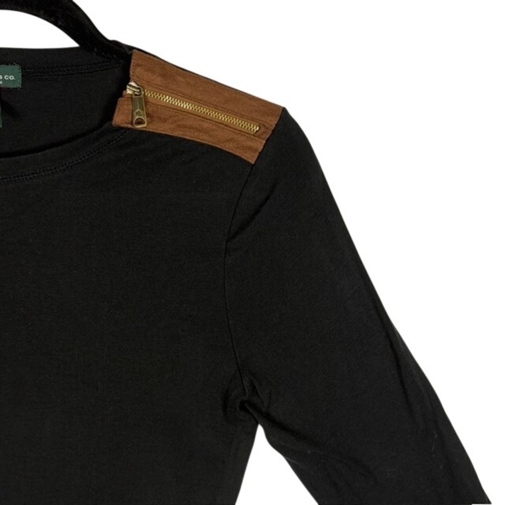 Lauren Jeans Co Ralph Lauren Black Cotton Top Suede Elbow Patch Zip Shoulder‎ L - Picture 3 of 10